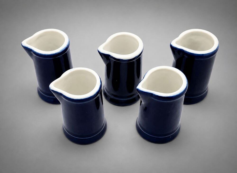 Vintage Set of 5 Cobalt Blue Stoneware Individual Cream Pitchers 2.5" Unmarked